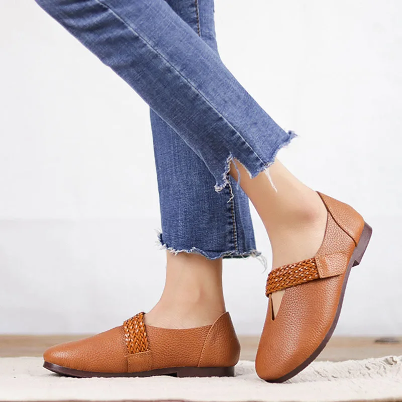 

Leather flat with comfortable single shoes literary retro personality round head braided with shallow mouth cowhide women's shoe