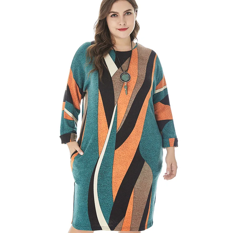 Miaoke осеннее женское платье большого размера Клубное вязаное платье высокого качества Модные женские винтажные элегантные офисные миди осенние платья для мам - Цвет: Многоцветный