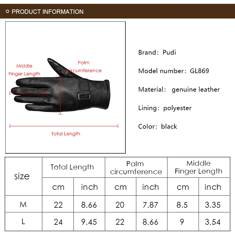Pudi GL870 для мужчин пояса из натуральной кожи перчатки 2018 Новинка зимы перчатки Модные Стиль чёрный; коричневый 10 цвета