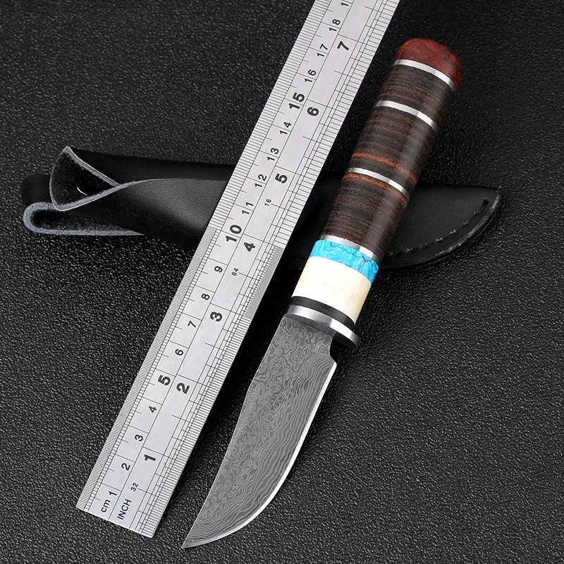 Купить Высокоуглеродистая сталь Тактический Ножи Дамаск узор Охота Ножи ручной работы кожа красивая ручка выживания Ножи для шашлыков EDC