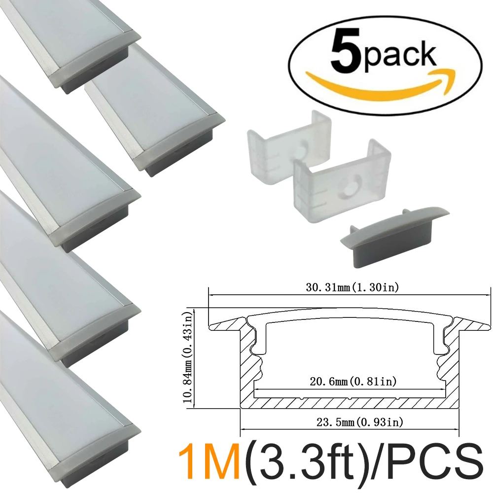 5sets/lot 5x1M(3.3ft) Silver 20mm Aluminum LED Channel System for LED Strip Light Installations