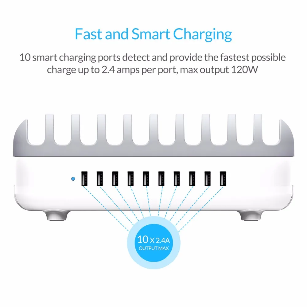  ORICO 10 Ports USB Charger Station Dock with Holder 120W 5V2.4A*10 USB Charging for Smart Phone Tab