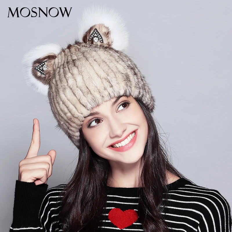 100% натуральный мех норки женские шапки милые 2019 кошачьи уши Стразы зимняя