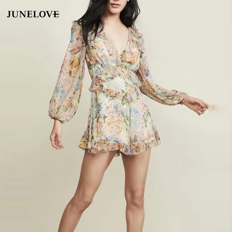 Женские комбинезоны с длинным рукавом JuneLove винтажные цветочным принтом и