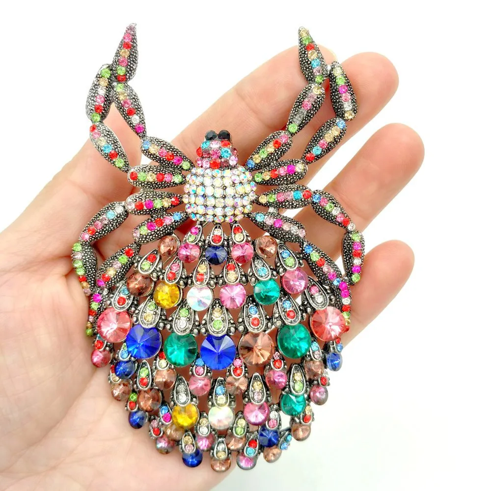 Luxurious Pave Multi color Crystal Big Spider Brooches Silver Tone