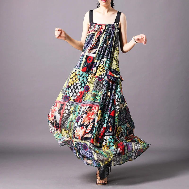 

Johnature Women Summer Sling Dress Vintage Print Floral High Quality Beach Style 2019 Summer New Pockets Fashion Maxi Dress