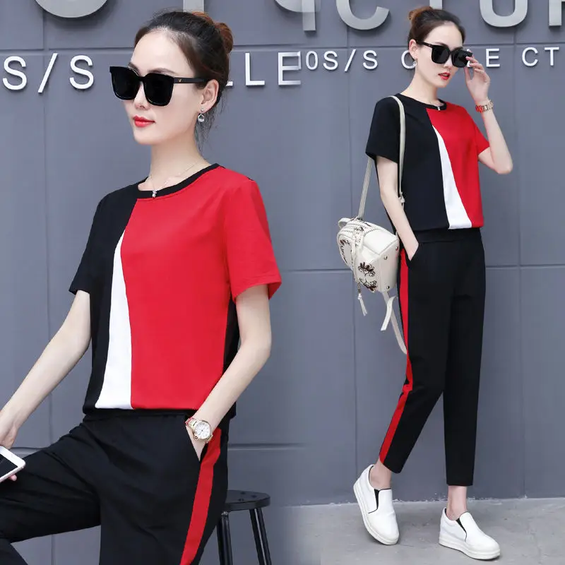 

p14 l -4xl 2019 Summer solid patchwork sport suit female loose two-piece new style leisure nine minutes of pants suit set