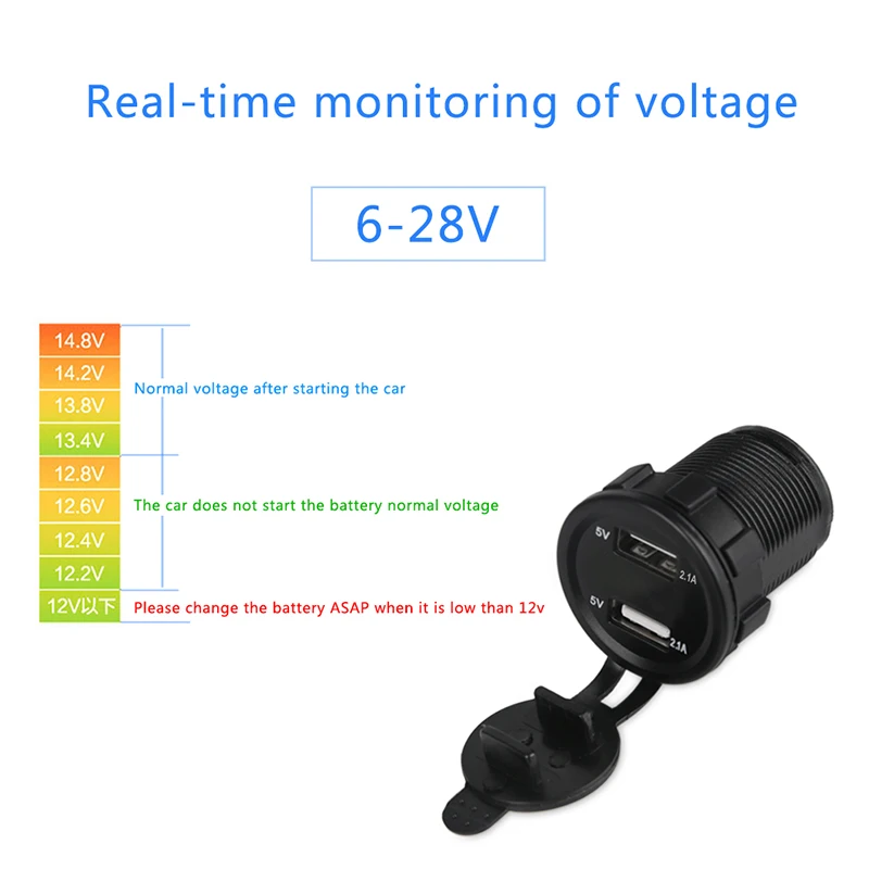  Urbanroad Boat Motorcycle Car USB Charger Socket Voltmeter Cigarette Lighter Car Dual USB Charger A