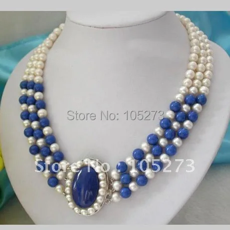 

Stunning 3Rows AA 7-8MM White Freshwater Pearl Blue Lapis Lazuli Necklace 18'-20inch Nice For Girl's Women's Gift Free Shipping