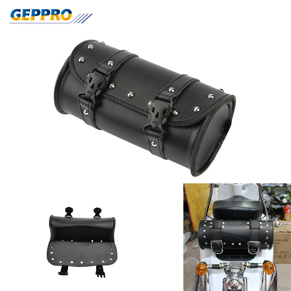 

GEPPRO Universal Motorcycle Black Saddle Bags Leather Motorbike Side Tool Tail Bag PU Luggage Round Fork Bag for Harley BL003