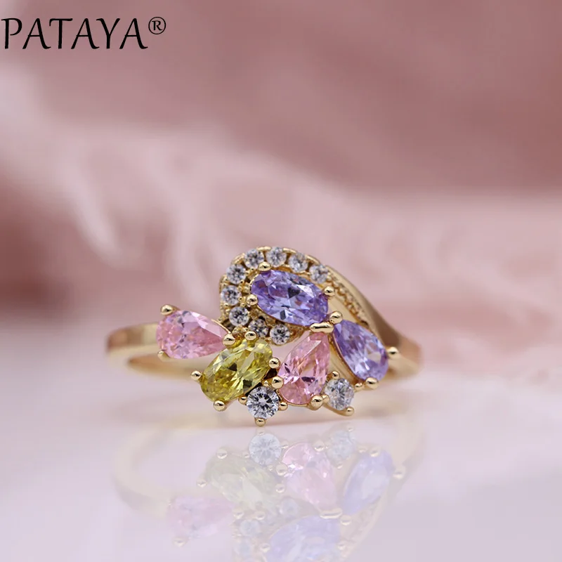 

PATAYA New Arrivals Oval 585 Rose Gold Ring Women Fashion Wedding Party Fine Jewelry Multicolor Water Drop Natural Zircon Rings
