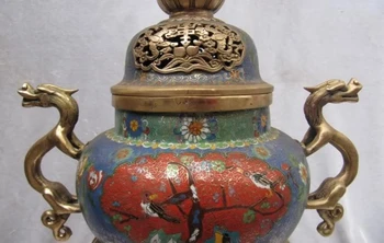 

100% Pure Bronze cloisonne beast Dragon Ears & Lion pied magpie incense burner