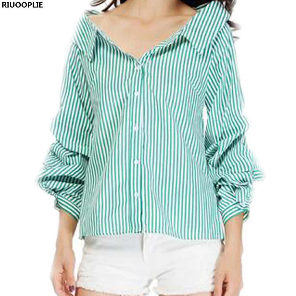 RIUOOPLIE Women Green White Striped Cotton Pleated Shirts Turn Down Collar Lantern Sleeve Blouse 