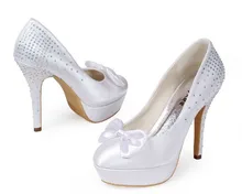 2016 White Bridal Wedding Shoes Round Toe High Heel Shoes Stiletto heel wedding pumps with bowknot Rhinestone Women Shoes