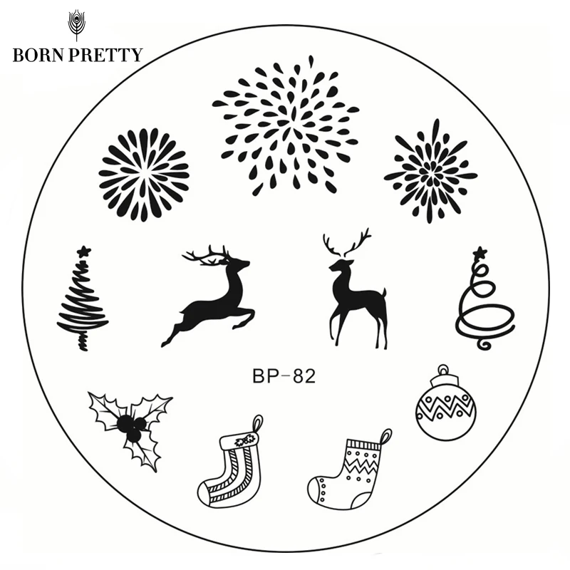 

BORN PRETTY New Year Christmas Stamping Plate BP-82 Xmas Tree Deer Nail Art Stamp Template Fireworks Image Stamp Plate BP82