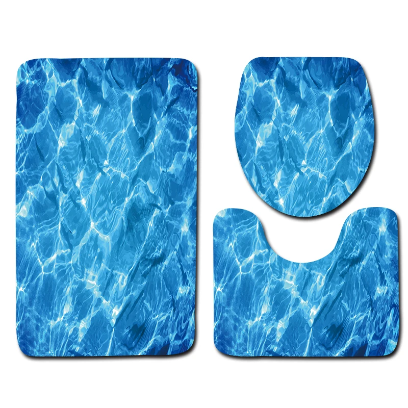 

3Pcs/Set Bathroom Mat Set Blue 3D sea water pattern Flannel Floor Rugs Cushion Toilet Seat Cover Bath Mat