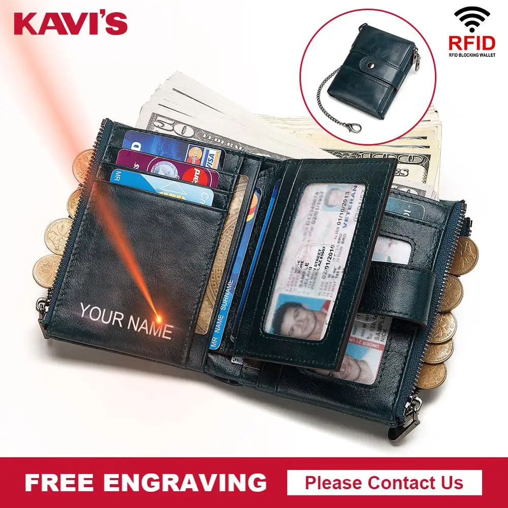

KAVIS Rfid Genuine Leather Wallet Men Crazy Horse Wallets Coin Purse Short Male Money Bag Walet Free Engraving Name for Gift