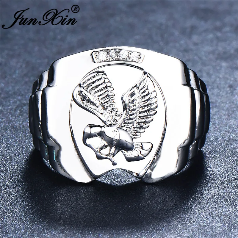 JUNXIN Gorgeous Eagle Rings For Men Women 925 Sterling Silver Filled Male Power Symbol Wide Thumb Finger Ring Inlay Zircon Gift