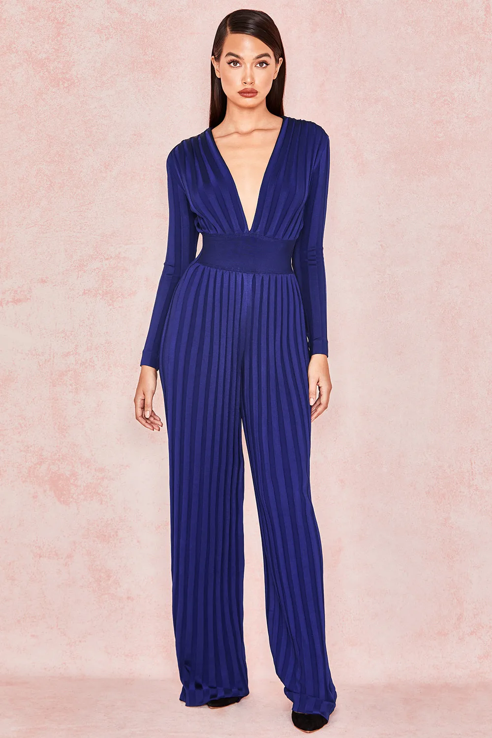 High Quality Deep Blue Long Sleeve V-neck Rayon Bandage Jumpsuit Sexy Evening Party Jumpsuit (2)
