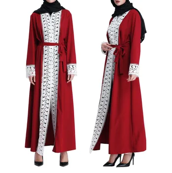 

Fashion Women's Pleated Skirt Chiffon CottonMuslimMuslim Women Islamic Clothing Lace Splicing Long Coat Middle East Long RobeY53