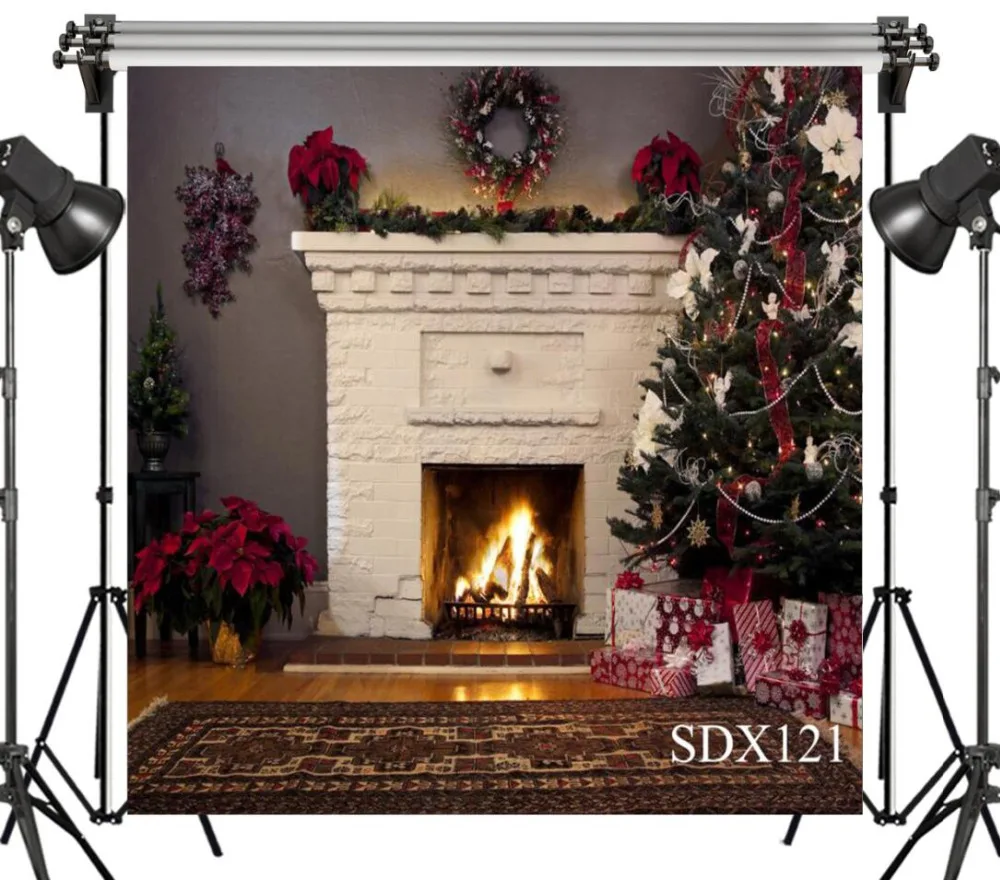 

LB 10X10FT Vinyl Christmas Photography Backdrop Props XMAS Tree and Fireplace Wall Decor Custom Studio Photo Party Background