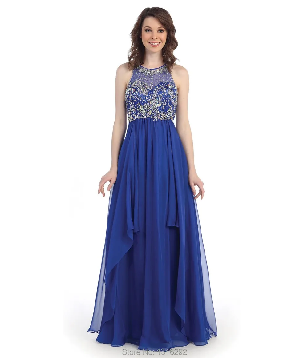 Shinning Beaded Halter Top Long Chiffon Royal Blue Gowns 2015 Backless