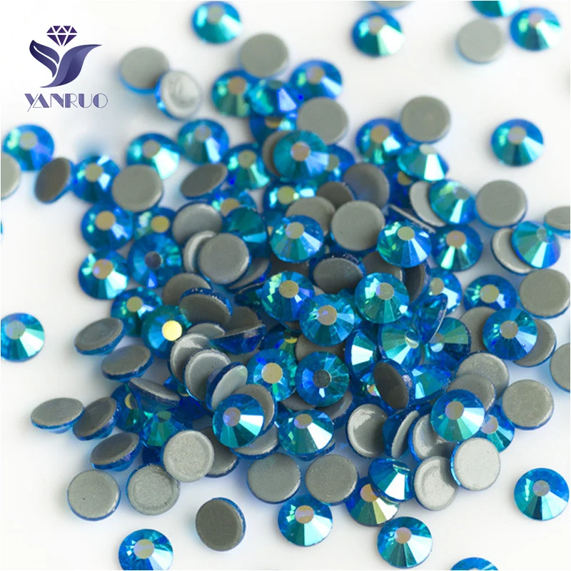 

YANRUO 2058HF All Sizes Capri Blue AB Glitter Gems Flatback Strass Hot Fix Glass Crystal Hotfix Rhinestones For Clothing