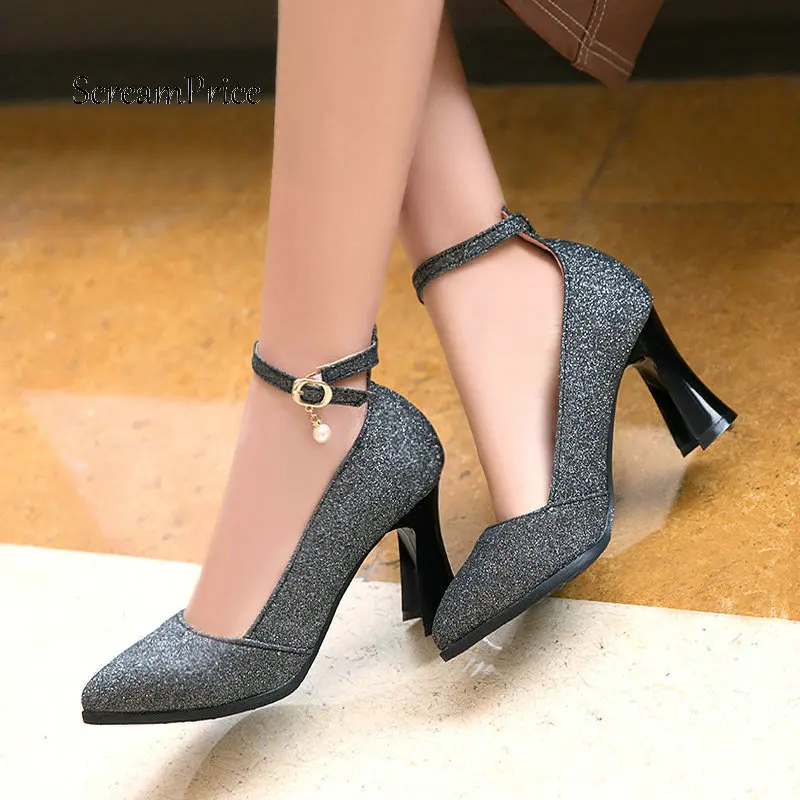 

New Bling Stange High Style Buckle Woman Pumps Fashion Pointed Toe Dress High Heel Shoes Ladies Black Gold Silver