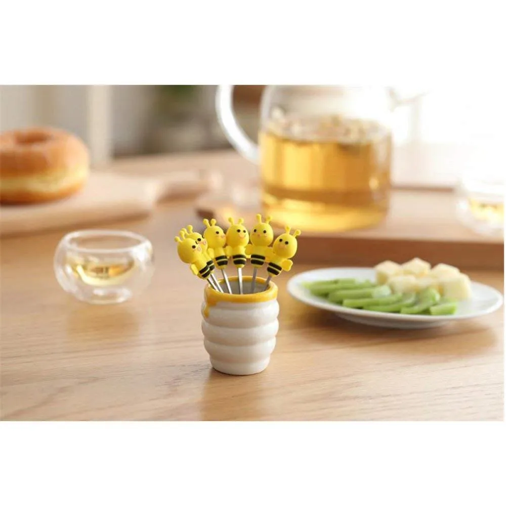 Cute Cartoon Salad Forks Mini Dessert Fruit Forks Holder Stainless Steel with A Holder Silicone Handle Cake Food Pick Fork Set 6 Pcs for Home and Restaurant (Bee)06