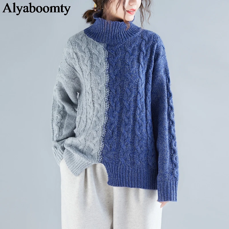 

Korean Plus Size Autumn Winter Women Sweater Turtleneck Contrast Color Wool Warm Pullover Casual Loose Spliced Elegant Outerwear