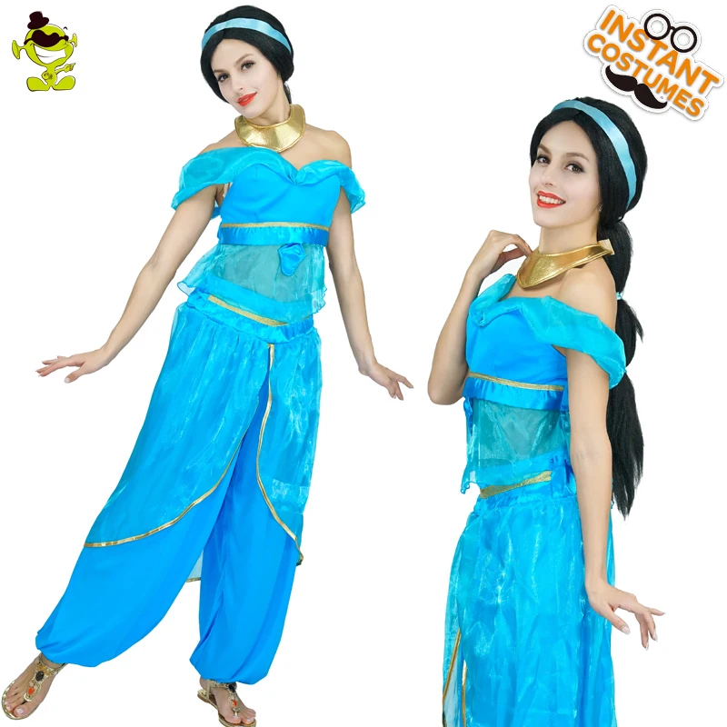 

QLQ Women Blue Sexy Arab Princess Costumes Carnival Party Graceful ArabianDress Cosplay Fancy Outfits with Wide-leg Pants