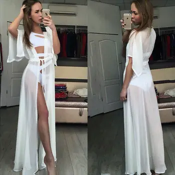 

Summer Women Swimsuit Bikini Cover Up Sexy Beach Cover Ups Chiffon Long Dress Elegant Solid Beach Bathing Suit tunic kaftan