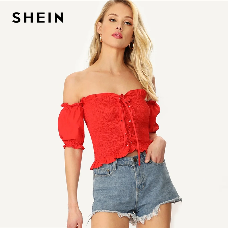 

SHEIN Red Lace-up Front Off Shoulder Frilled Smock Top Crop Boho Blouse Women Summer Slim Fit Bishop Short Sleeve Sexy Blouses