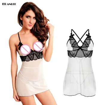 

3XL 4XL 5XL 6XL Plus Size Women Sexy Lingerie Hot Deep V White Lace Flower Bow Dress Erotic Lenceria Porno Costumes With String