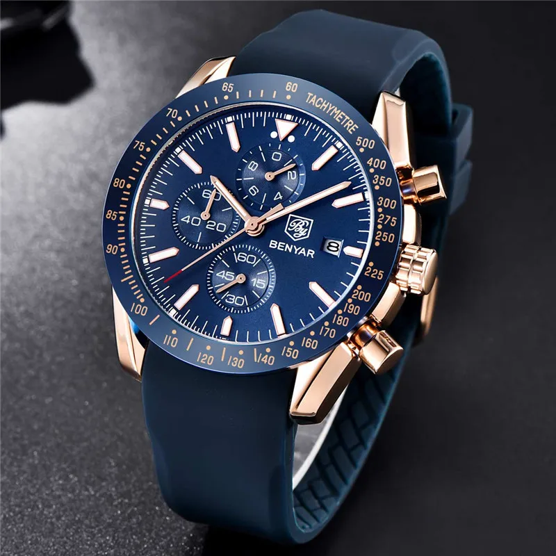 Relogio Masculino BENYAR мужские часы лучший бренд класса люкс Синий хронограф спортивные мужские часы военный резиновый ремешок кварцевые наручные часы