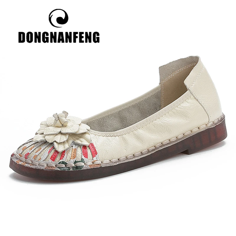 

DONGNANFENG Women Mother Female Ladies Genuine Leather Shoes Loafers Flats Flowers Slip On Retro Ethnic Soft Size 36-41 MT-1955