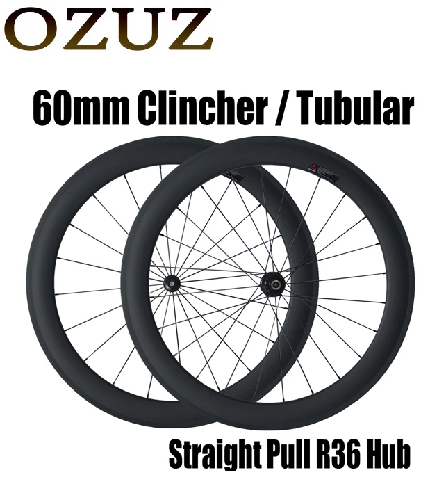 OZUZ 60mm Clincher Tubular Straight Pull Wheels Road Bicycle Bike Carbon Wheelset Powerway R36 Hubs 8 9 10 11 speed Wheelset