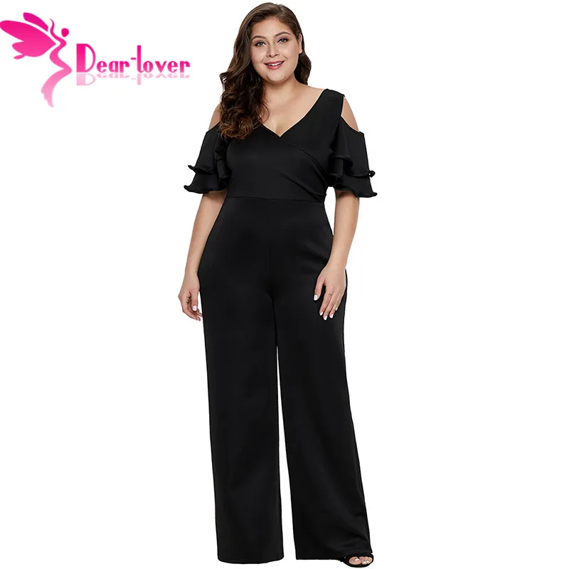 

Dear-Lover 2019 Summer Plus Size Black Rompers Womens Jumpsuit Party V-neck Ruffel Sleeves Elegant Loose Club Pants LC64485