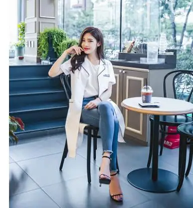 Корейская рабочая одежда белое пальто тату дивизион салон красоты медицина аптека рост короткий и длинный рукав униформа медсестры - Цвет: BlueEdge Short Sleev