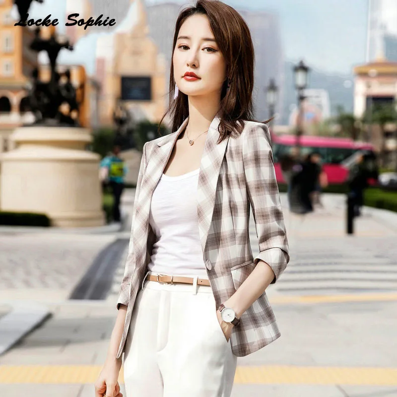 1pcs Womens Plus size Blazers coats 2019 Summer cotton Single buckle plaid Small Suits jackets ladies Skinny Blazers Suits coats
