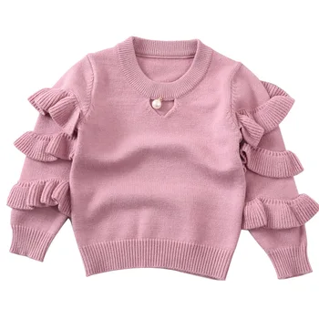 

Flounces Sleeves Kids Girl Sweater Solid Cardigan Round Neck High Quality Soft Cotton Blend Outfit Vertical Pleat Long-Sleeved