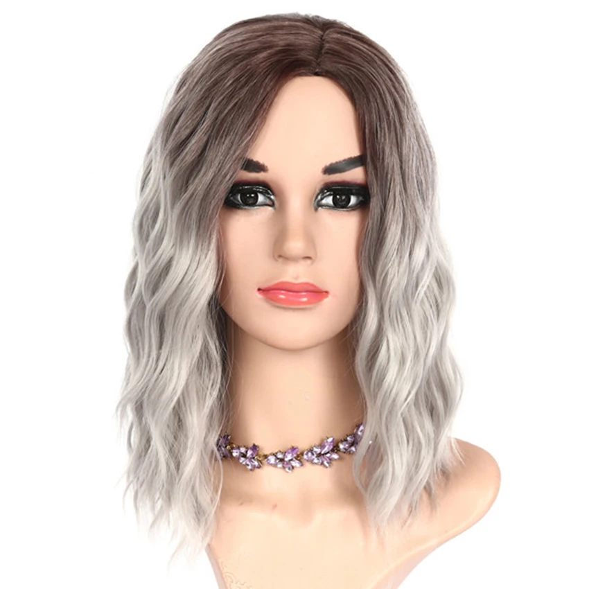 

Kinky Curly Women Ombre Synthetic Hair Pieces Medium Length Femal Wigs Lady's Toupee High Temperature Fiber