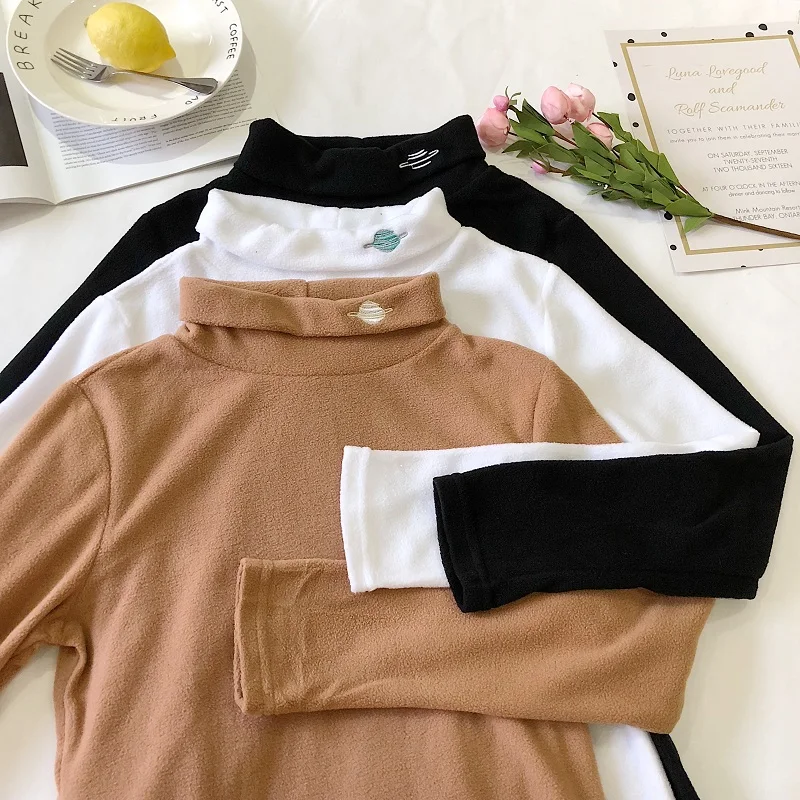 

harajuku T-shirts Women Embroidered Solid Simple Slim Retro Ladies Soft Long Sleeve T shirt Korean Style All-match Elegant tops