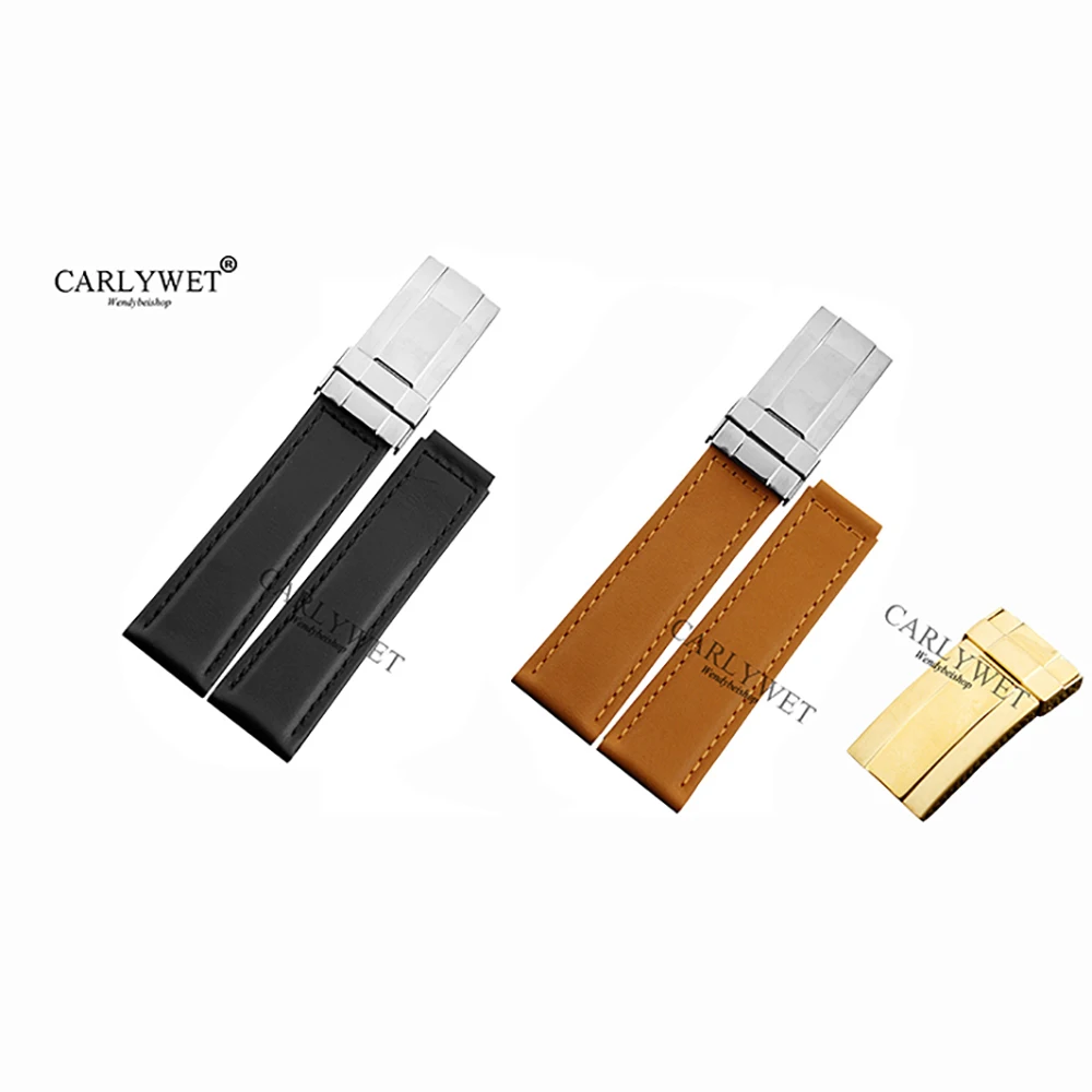 

CARLYWET 19 20mm VINTAGE Black Brown Real Calf Leather Watch Band Strap with Silver Steel Clasp