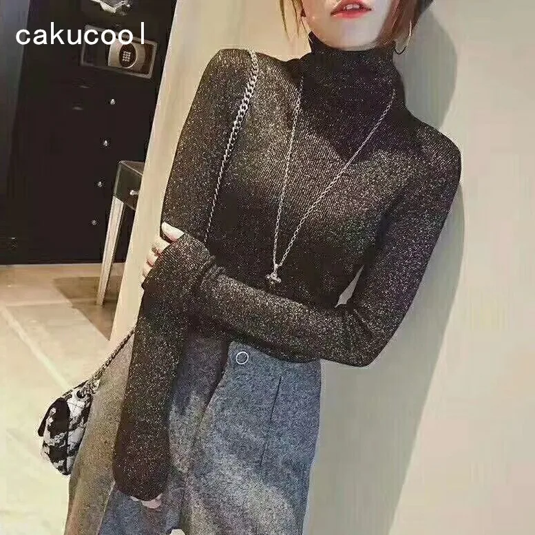 

Cakucool Spring Women Knitted Shirt Turtleneck Slim tshirt Tops Silver Lurex Bling Korean Pullover Top Tees Femme Plus 9colors