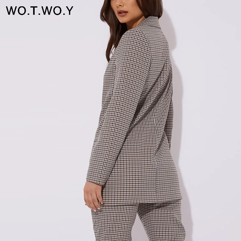 WOTWOY Autumn Winter Plaid Blazer Women Double Breasted Pocket Office Ladies Suit Coat Vintage Elegant Jacket Outerwear Female WOTWOY Autumn Winter Plaid Blazer Women Double Breasted Pocket Office Ladies Suit Coat Vintage Elegant Jacket Outerwear Female