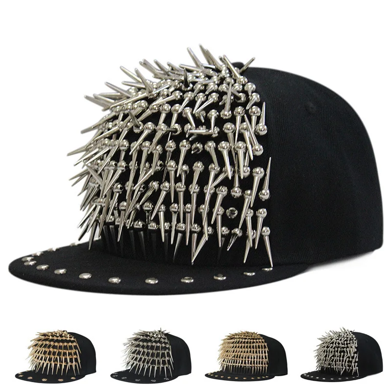 

Beckyruiwu Adult Hip Hop PUNK Rock Long Spike Studs Rivets Snapback Caps Men Bboy Cool Flat Baseball Hats