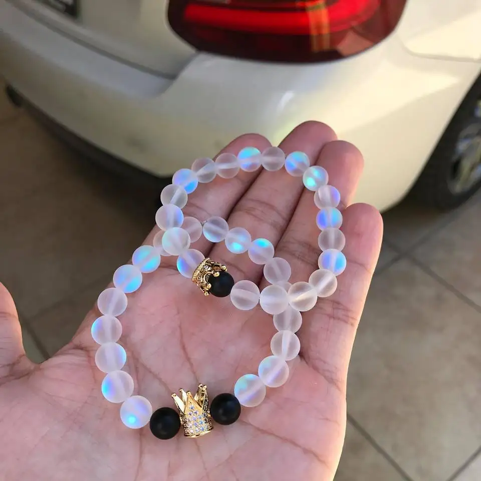 

2pcs/set 8mm Stone Beaded Bracelet Lovers Crystal Crown Couple Bracelets & Bangles Pulsera