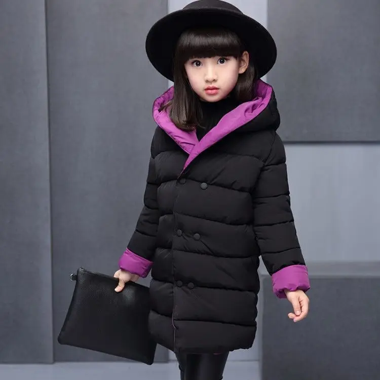 INS hot girls winter coat 3-11 years old hooded reversible parka thick cotton coat Long warm windbreaker Contrast coat - Цвет: violet