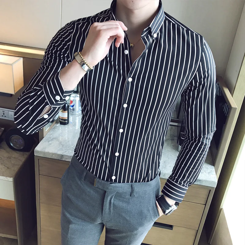 Korean Shirt Men Fashion 2018 Classic Stripe Long Sleeve Mens Casual